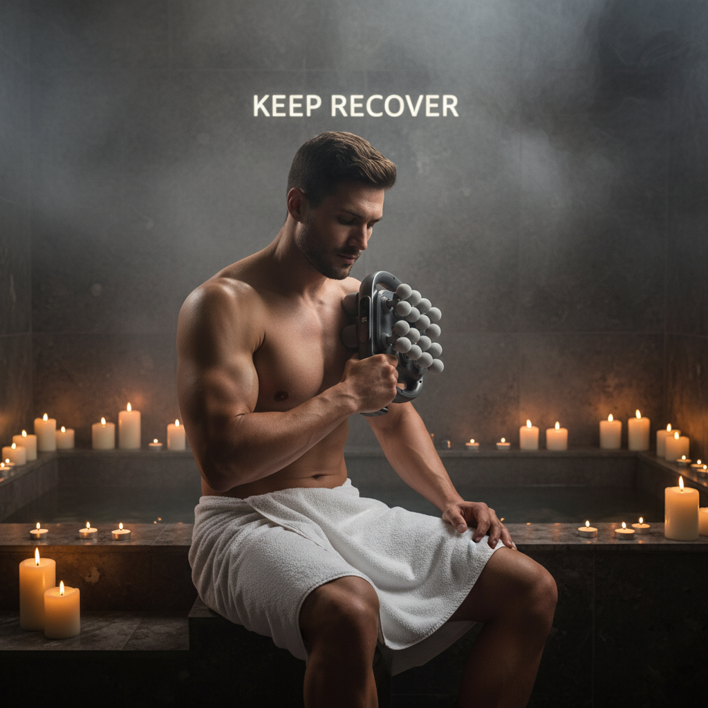 Keep Recover lifestyle - homme utilisant le fascia gun dans un spa